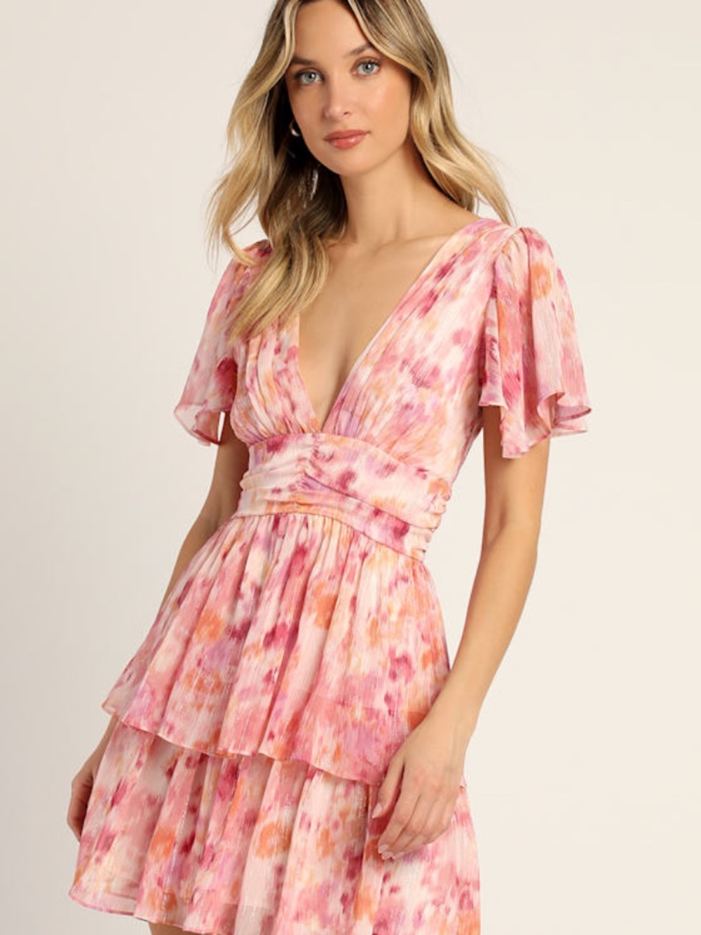 Lulus Sunny Evenings Pink Multi Lurex Flutter Sleeve Mini Dress - Size S
